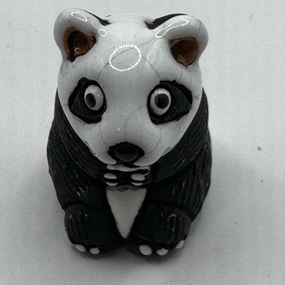 Vintage INTI Mini Ceramic Panda Bear Glazed White and Black 1.5" HAND PAINTED